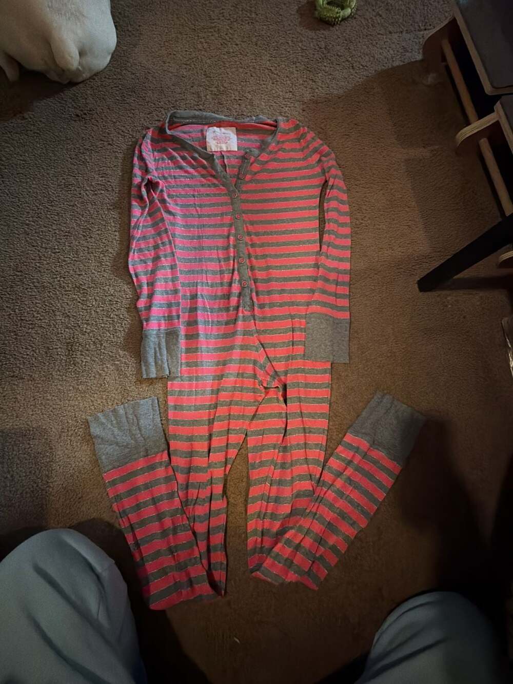 Xhilaration Pink and Gray Striped Long Sleeve Button-Front One-Piece Pajamas